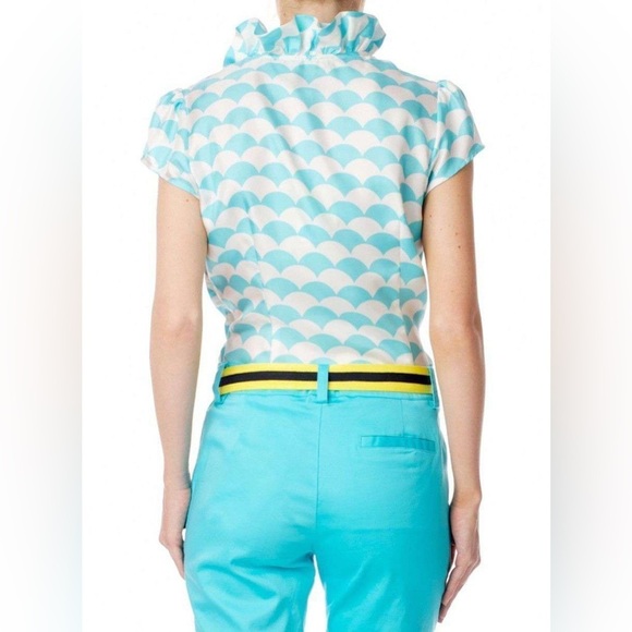 Elizabeth McKay 100% Silk Ruffled Blouse in Fontainee Turquoise Size 2 XS NWT - Picture 3 of 11